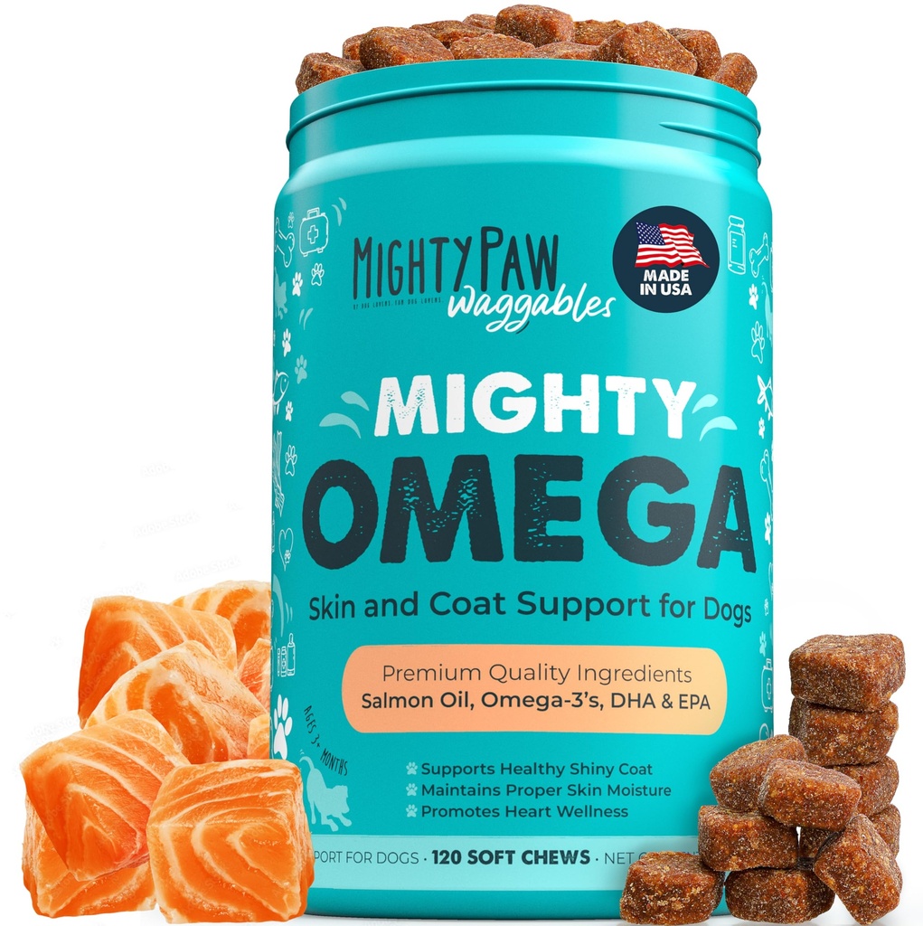 Mighty Paw Waggables Mighty Omega (Made i USA, 120 greve) Omega 3 Fish Oil Chew for hunder. Salmon Flavor Hud og Coat Supplement. Myk Chew fiskolje til hunder - DHA & EPA, Bacon Flavor