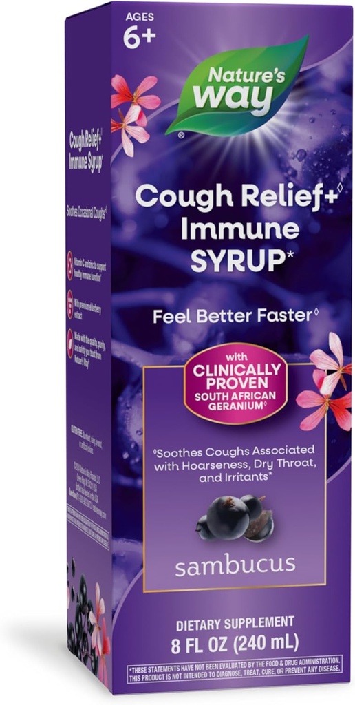 Naturens vei Sambucus Cough Relief +(1) Immun Syrup*, føler seg bedre raskere(1) klinisk bevist sørafrikanske Geranium, med Elderberry Extract, vitamin C & Zinc, 8 Oz (Packing May Vary)