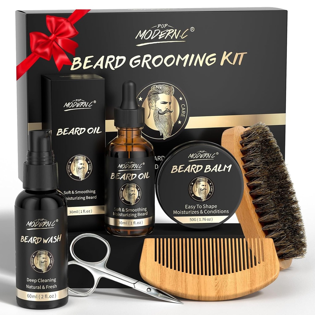 POP MODERN.C Skjeggvekstsett Skjorte Grooming Kit 6 stk Skjorte Vaske Shampoo Skjegg Olje Skjegg Balm Skjegg Comb Børste Scissors