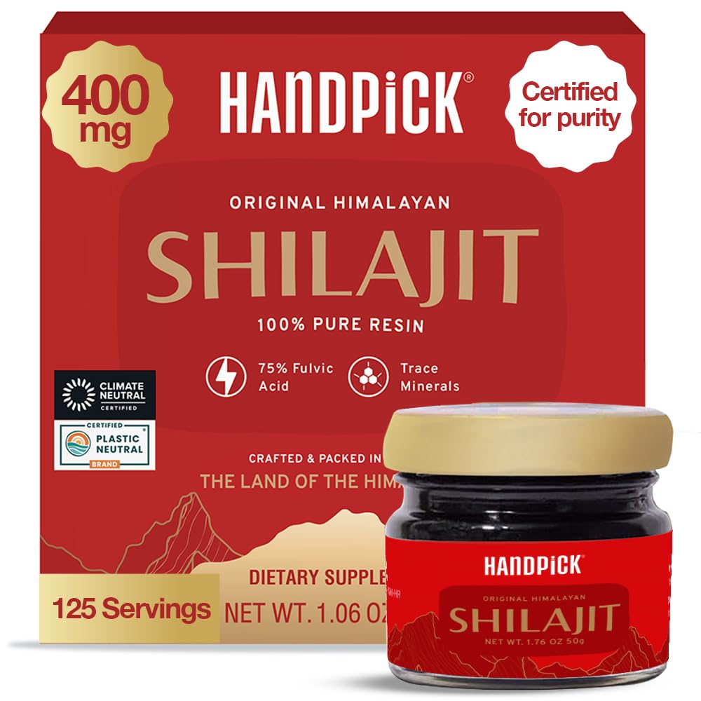 HANDPICK 400 mg Ultra konsentrert ren Himalayan Shilajit Resin | 75% Fulvic Acid, 85+ Mineraler | Føle Maskulinitet, høy styrke, styrke og utholdenhet I Lab testet for renhet I 50 g (125 porsjoner)
