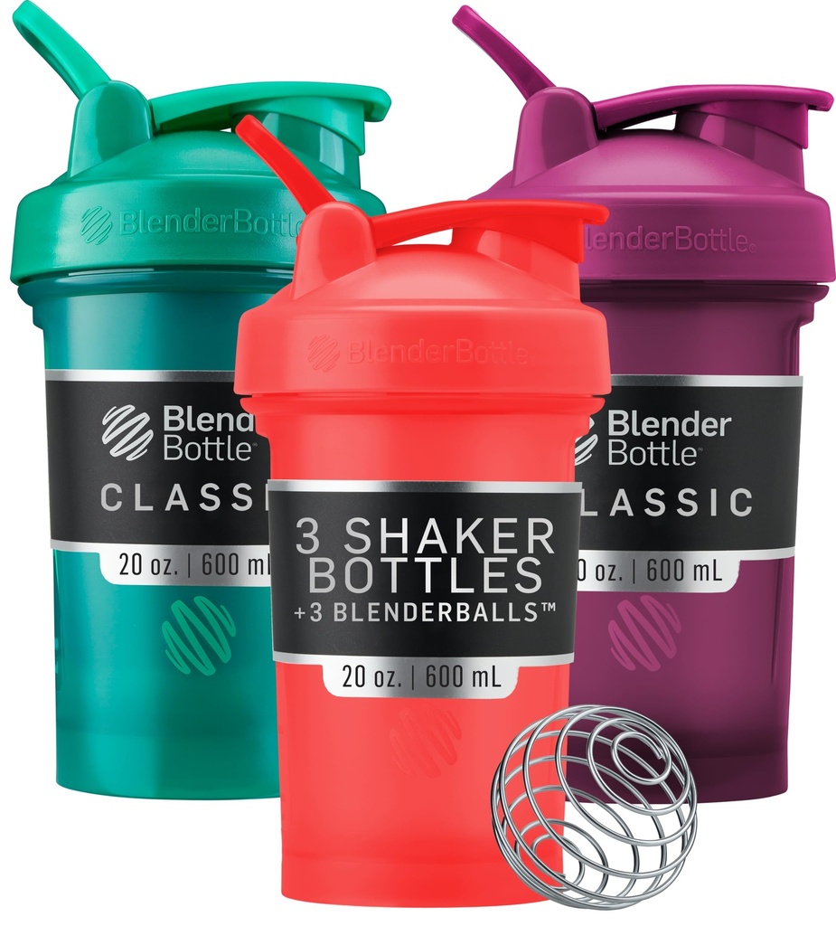 BlenderBottle Classic V2 Shaker Flaske Perfekt for proteinshake og pre trening, 20-Ounce (3 pakke), rød, grønn, Plum