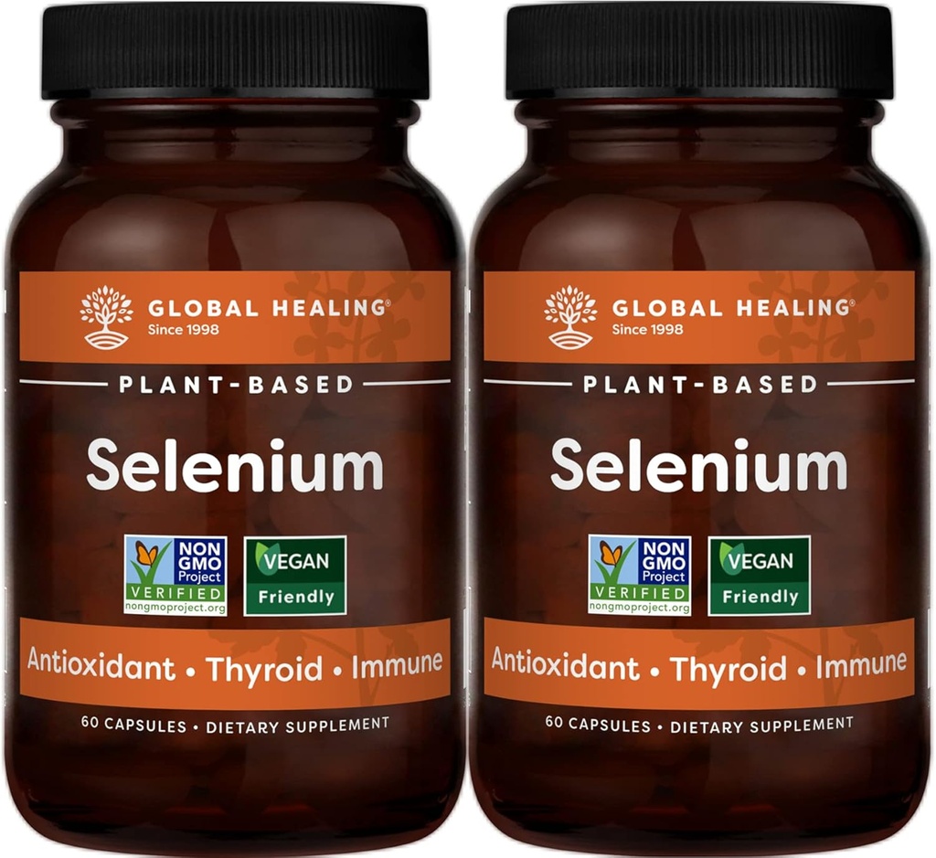 Global Healing Center Selenium 200mcg 2-Pack, Pure Selenium Supplement med organiske ingredienser, Antioksidanter for Thyroid og immun helse for menn og kvinner - mer enn Selenium 100mg (60 kapsler)