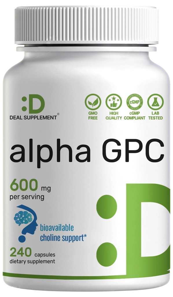Alpha GPC 600mg Per Serving, 240 kapsler – Biotilgjengelig Choline Replenishment –Nootropisk Hjerne Helsetilskudd for hukommelse og fokus – Ikke-GMO, Glutenfri