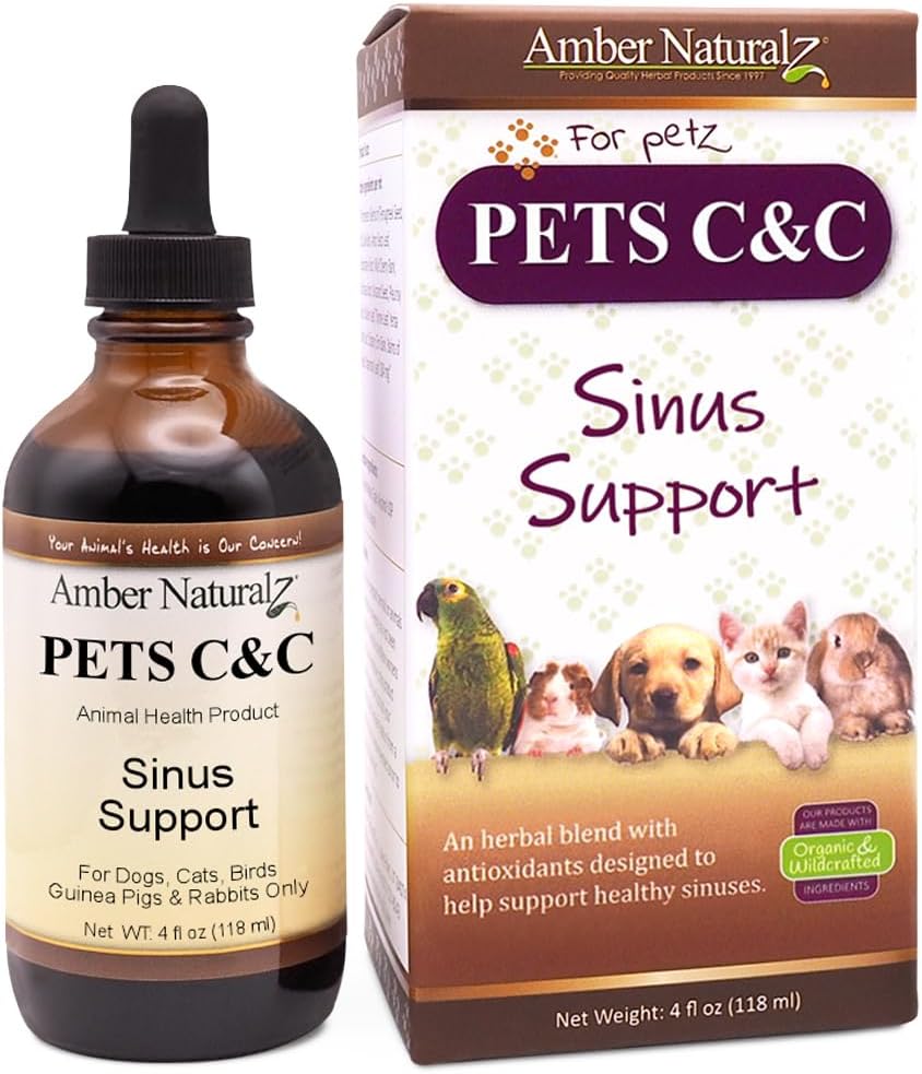Amber NaturalZ Kjæledyr C&C Herbal Supplement for hunder, katter, fugler, Guinea griser, og kaniner | Kjæledyr Herbal Supplement for sunn sinus | 4 Fluid Ounce Glass Flaske |Bearbeidt i USA