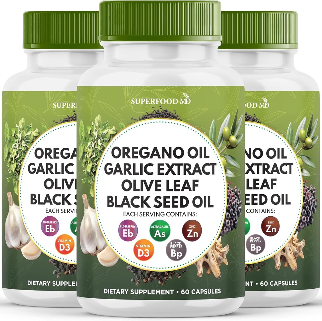 Oregano olje hvitløk ekstrakt Olive Leaf Svart Seed Oil Astragalus - immun støtte Supplement for kvinner og menn- 180 greve