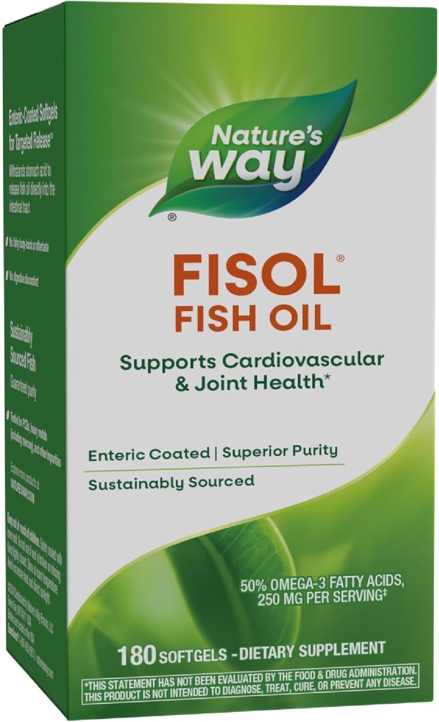 Naturens måte Fisol Fish Oil, Enterisk Coated, støtter kardiovaskulær og felles helse*, Mega Potency Omega-3s, 180 Softgels (pakke May Vary)