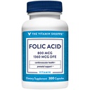 Vitamin shoppe folsyre 800MCG, støtter prenatal og fetal utvikling (300 kapsler)
