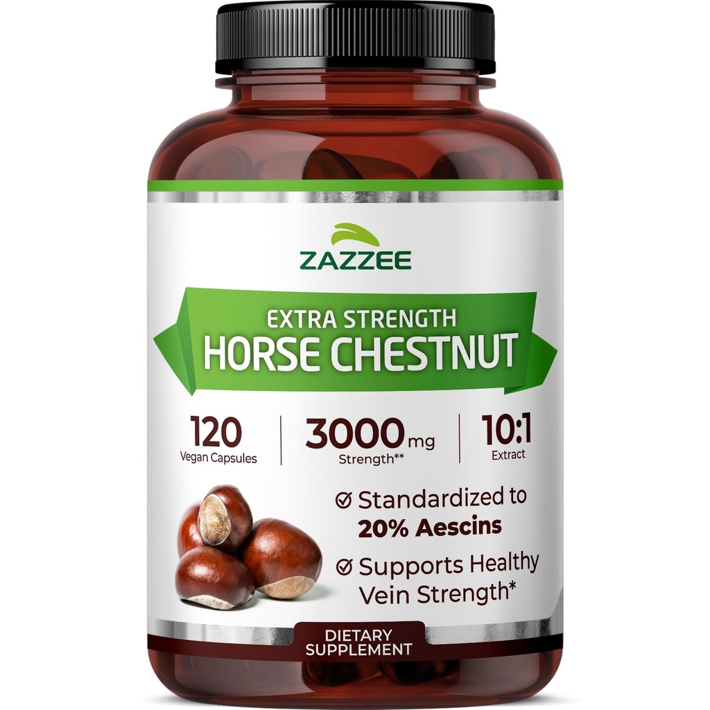 Zazzee ekstra styrke hesten kastanje 10:1 ekstrakt, 3000 mg styrke, 20% aescins, 4 måneders forsyning, 120 vegan kapsler, konsentrert og standardisert 10X ekstrakt, all-naturlig, ikke-GMO, laget i USA