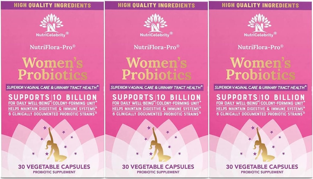 Nutricelebrity Probiotika for kvinner 10 milliarder CFU 6 Strains, organiske prebiotika for digestive, Vaginal & Immune Helse, PH Balance & Feminin helse,Periode smerte, BV Relief, Cranberry Extract + 3 Pack