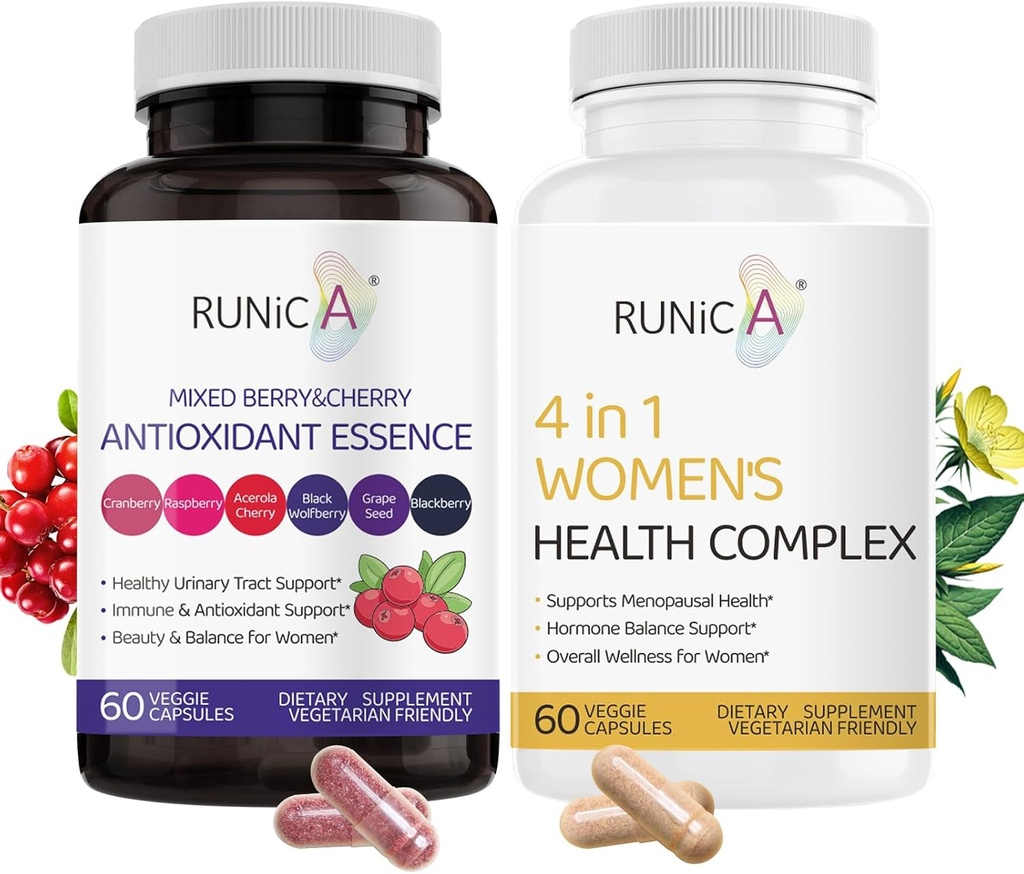 4 i 1 Kvinner Menopause Supplement & Blandet Berry Cherry Antioksidanter Supplement Bundle - Soya Isoflavoner, Cranberry og mer