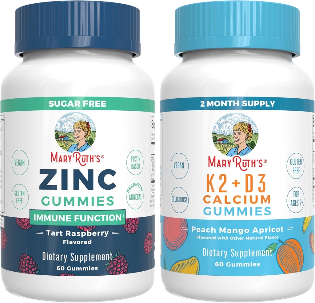 MaryRuth Organics Sink (Tart Raspberry) & Vitamin K2+D3 Kalsium Gummies (Peach Mango & Apricot) | Ren etikett prosjekt Verifisert® | Vitaminer for immunisme og felles og bein helse | Vegansk, ikke-GMO