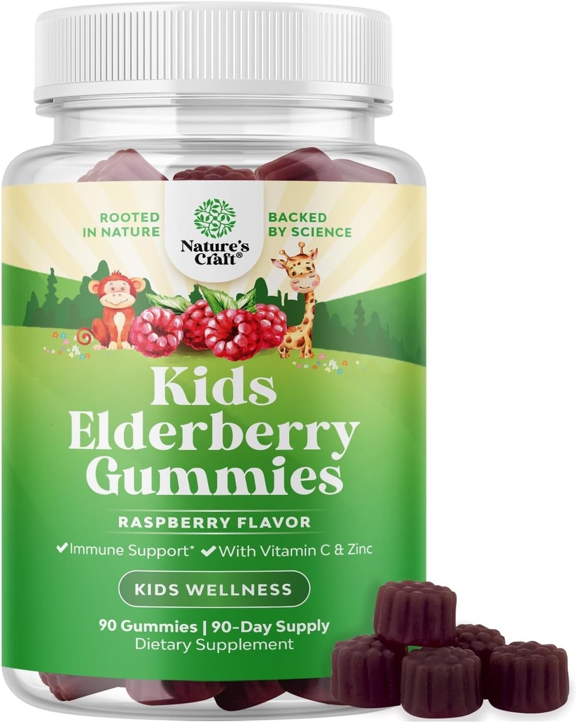 Natures Craft Sambucus Elderberry Gummies for barn Helse - Delicious Black Elderberry Gummies med sink og vitamin C for barn immun støtte - Gelatin og glutenfri ikke-GMO immunitet støtte 90