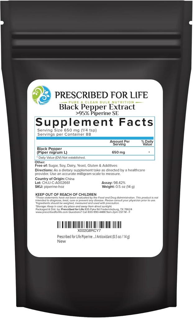For livet Piperine pulver, 95% svart pepper ekstrakt pulver, øker næringsstoffer absorpsjon, glutenfri, vegansk, ikke GMO, naturlig antioksidant (0,5oz / 14g)