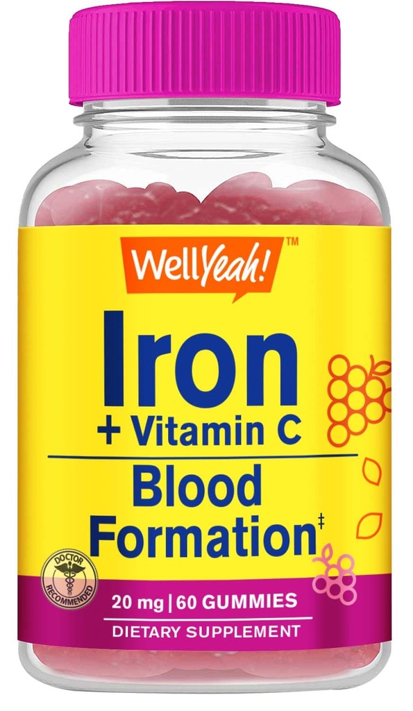 VelJa Ja Iron Gummies med vitamin C -Anemi og cellulær energi støtte, fremmer rød blodcelleformasjon - Energi og immunsystem støtte - Naturlig Grape Flavor-60 Gummies