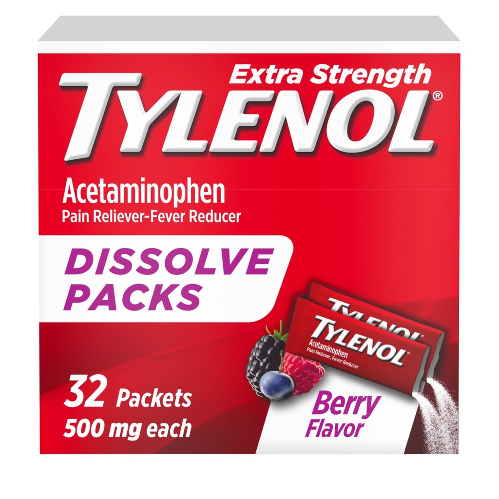 Tylenol ekstra styrke oppløse pulver pakker, 500 mg acetaminophen smerte lemper og feber reduserer medisin, rask lindring for mindre smerter og smerter, Ibuprofen- & aspirin-fri, On-the-Go Berry Flavor, 32 Ct