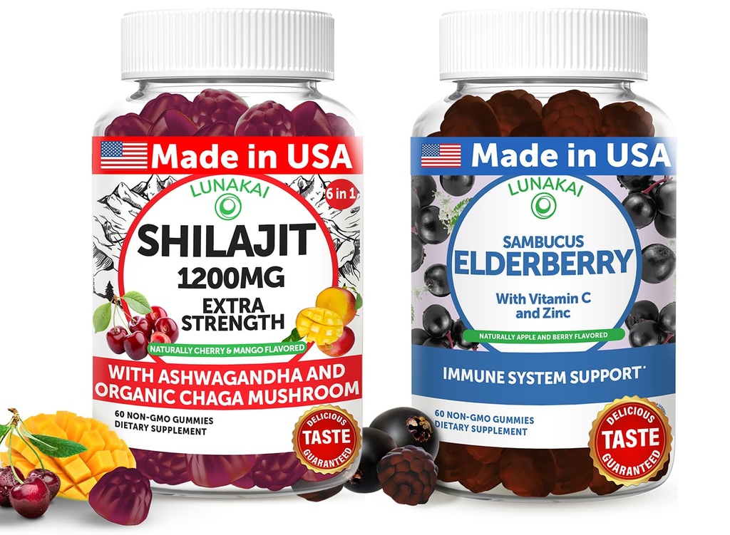Lunakai USA Made Shilajit & Elderberry Gummies Bundle – Energi og immunstøtte – Ikke-GMO & Delicious