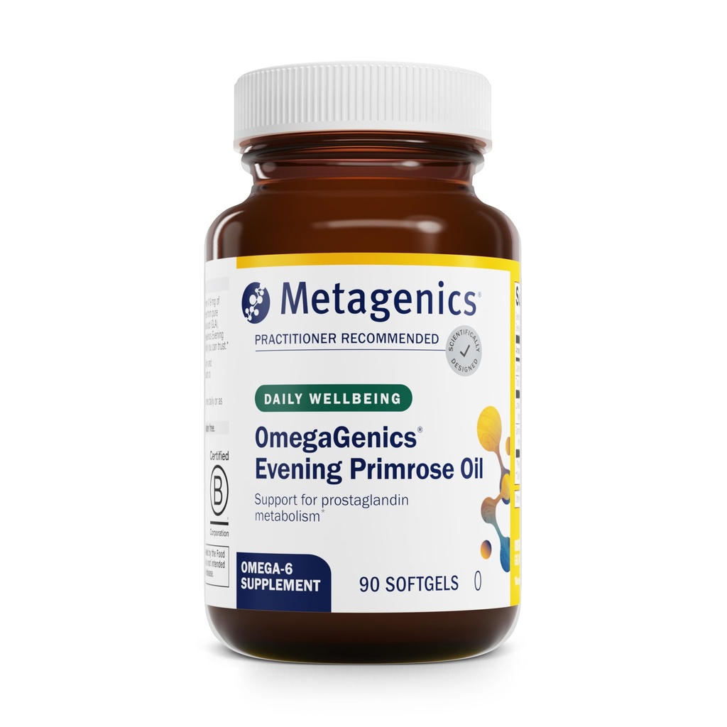 Metagenics OmegaGenics Evening Primrose Olje - 419 mg Omega-6 med 50 mg GLA - Støtter huden, Hormonal, PMS, Menopause & Immune Health* - Ikke-GMO, Glutenfri - GMP sertifisert Facility - 90 Softgels