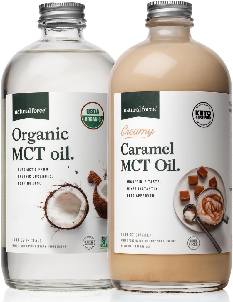 Naturlig Force Kremete karamel MCT Olje + organisk fullspektrum MCT Olje – Glutenfri, ikke GMO, 100% ren kokosnøtter fra økologiske kokosnøtter – keto, paleo og vegansk – 2x 16 Ounce glassflasker