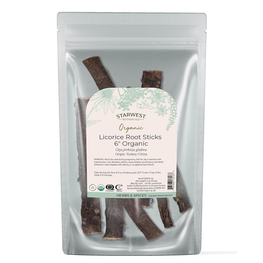 Starwest Botanicals Økologisk tørket lakorice rot Sticks 6" - Urt for løs blad te blandinger, Candy, & bakte varer, kutt og siftet, sertifisert Kosher, ikke-GMO - 4 oz Pouch