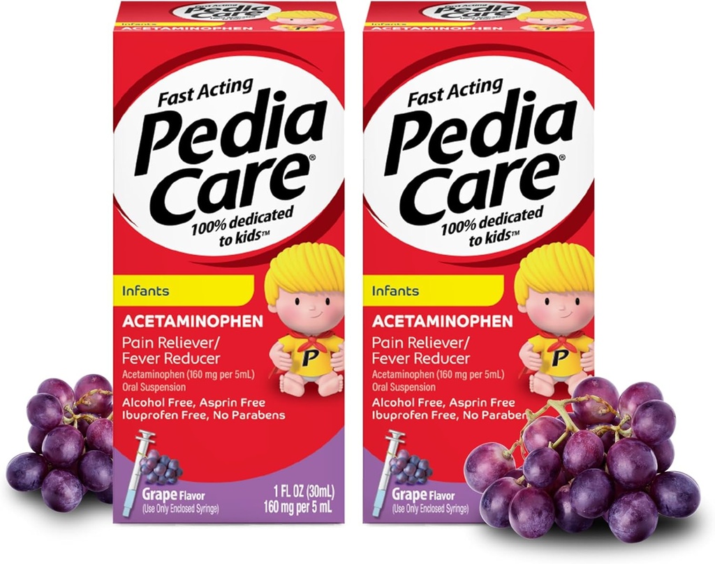 Infanter Acetaminophen oral suspensjon flytende, rask-virkende spedbarnssmerter Reliever / Fever Reduser med enkel å bruke Syringe, null alkohol eller aspirin eller ibuprofen, Grape Flavor, 1 fl oz (2 pakke)