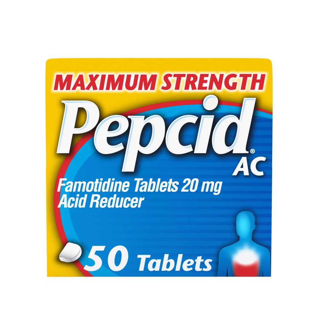 Pepcid AC Maksimal styrke Heartburn Relief Tabletter, OTC medisin forhindrer og lindrer Heartburn på grunn av syreødem & Sour Mage, 20 mg Famotidinsyre Reducer, Fast-Active, 50 ct