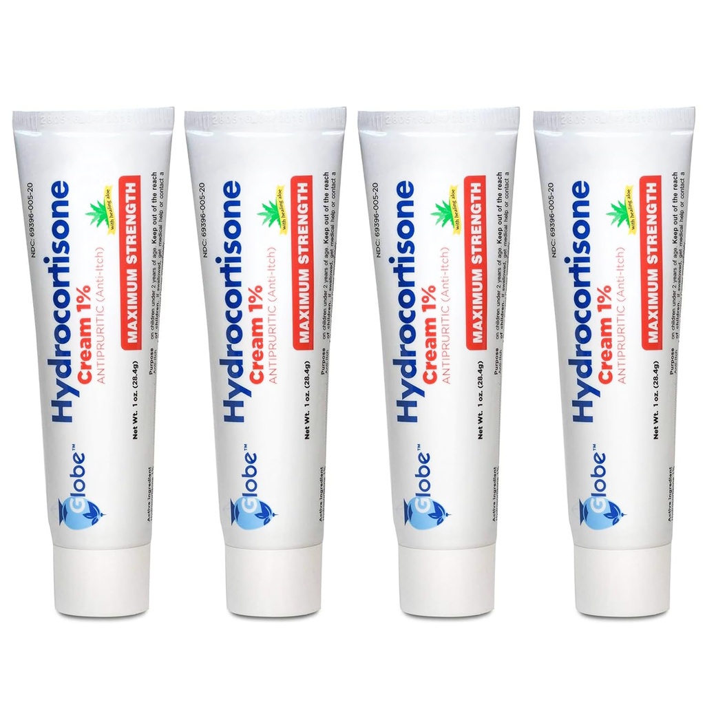 Globe (4 Pack) Hydrokortison Maksimum styrke Anti-Itch krem 1% w/Aloe, Intensiv Formula for Rødhet, Utslett, Bug & Mosquito Bites, Eczema, Hemorroider, Sensitiv hud, Øyeblikk, 1 oz Tube