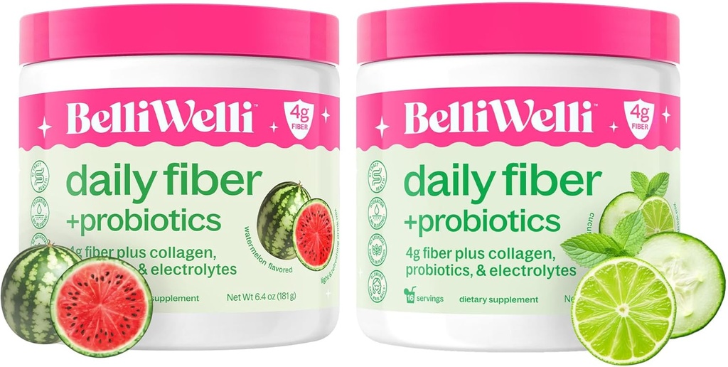 Belli Welli Daily Fiber Supplement Bundle - Cucumber Lime Mint & Watermelon - med kollagen, probiotika og elektrolytter - Forfriskende velvære Flavors, 32 Total Services