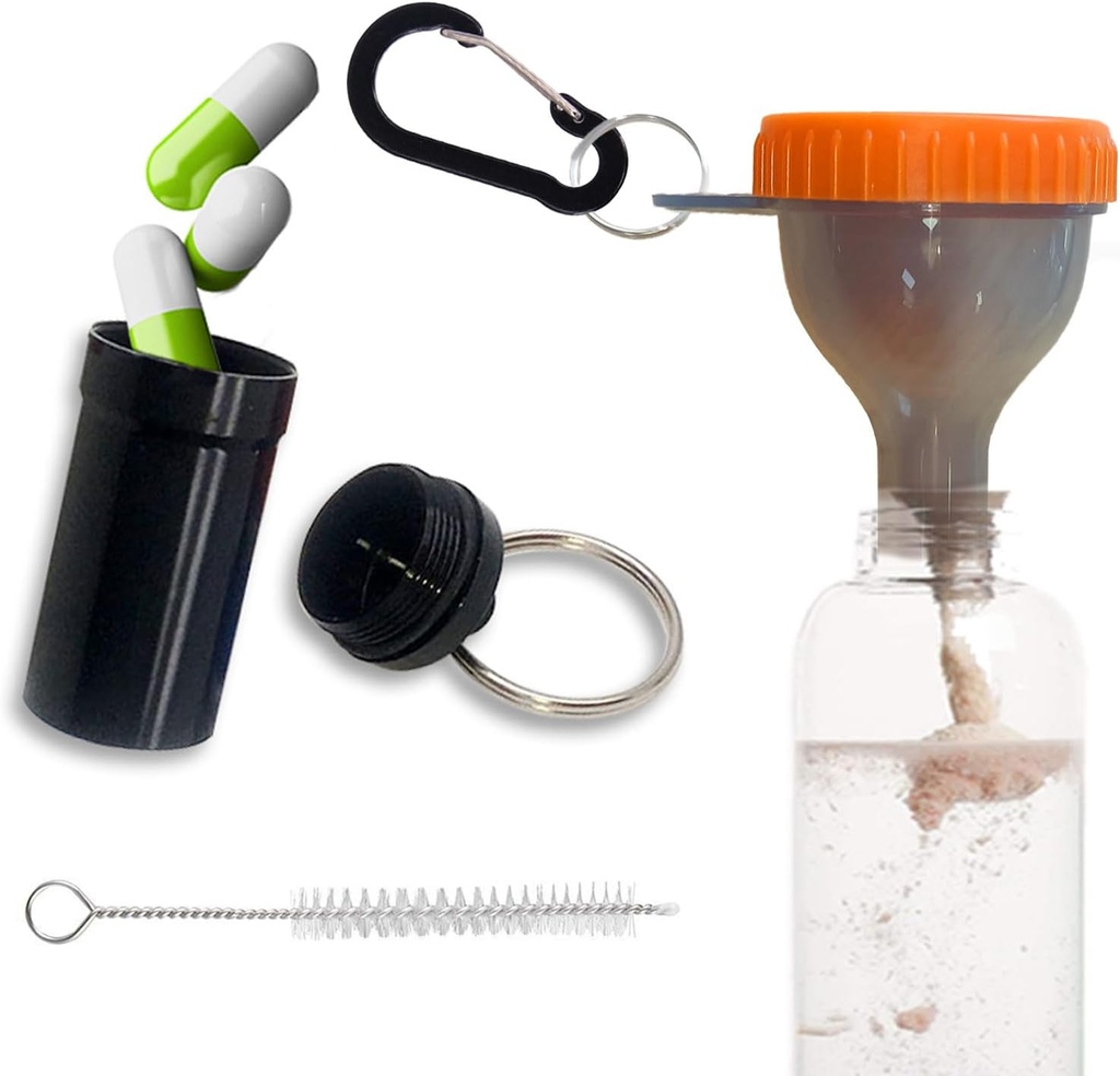Protein Funnel sett Reiseprotein pulverbeholdere med 1 karabiner 1 børste og 1 Mini Pocket Pill Box styrket for å hindre spyler Gym Pre-Workout Supplement Orange pulver Funnels