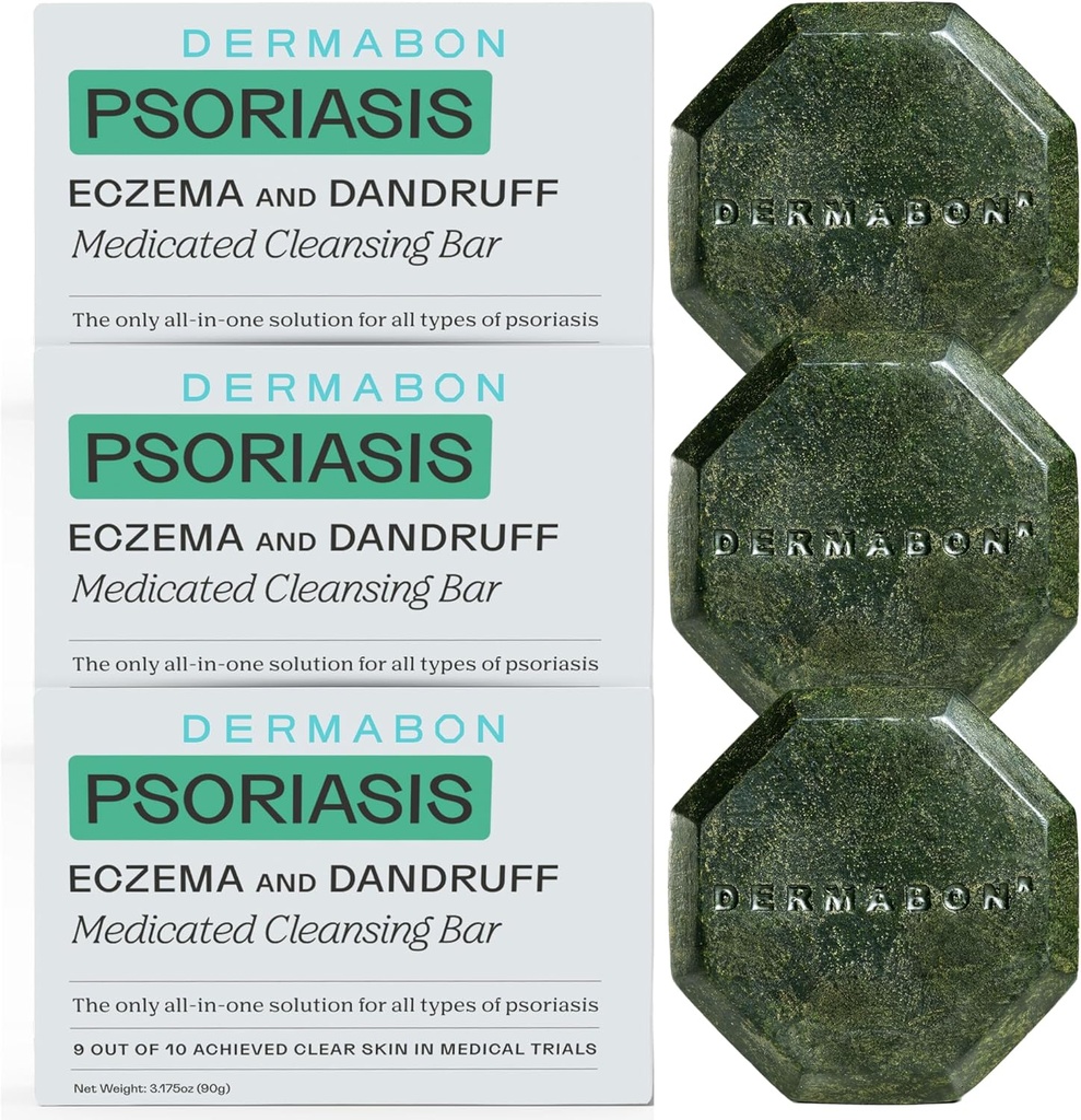 Dermabon 2% Coal Tar Psoriasis Body Wash & Eczema Bar Soap (3 pakke) | kontroll og lindre Psoriasis, Eczema, Dermatitis og Dandruff | Aktivt Indrient Coal Tar Body Wash