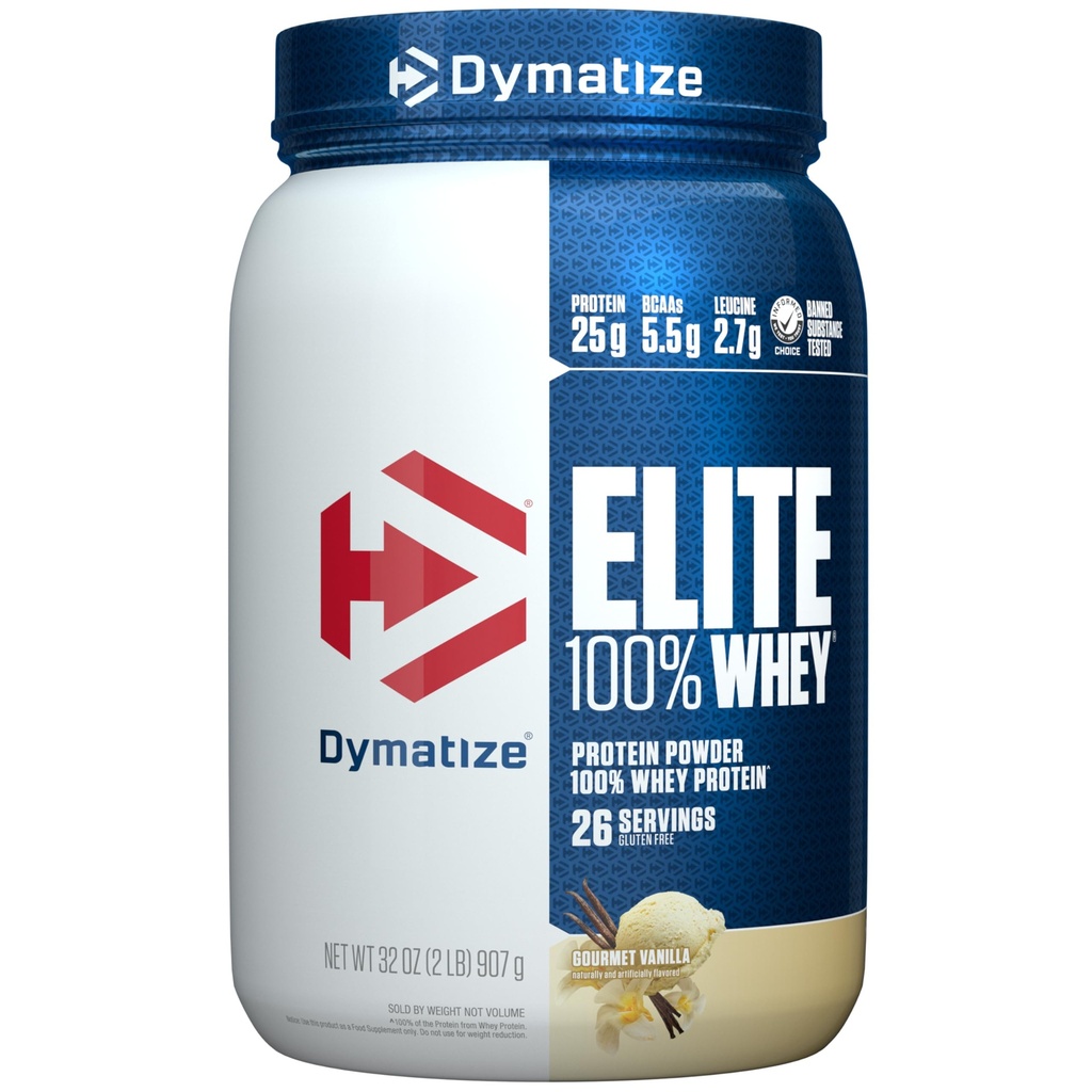 Dymatize Elite 100% Whey Protein pulver, L-Leucine, rask absorbering og rask diading for optimal muskelgjenvinning, Gourmet Vanilla, 32 Oz