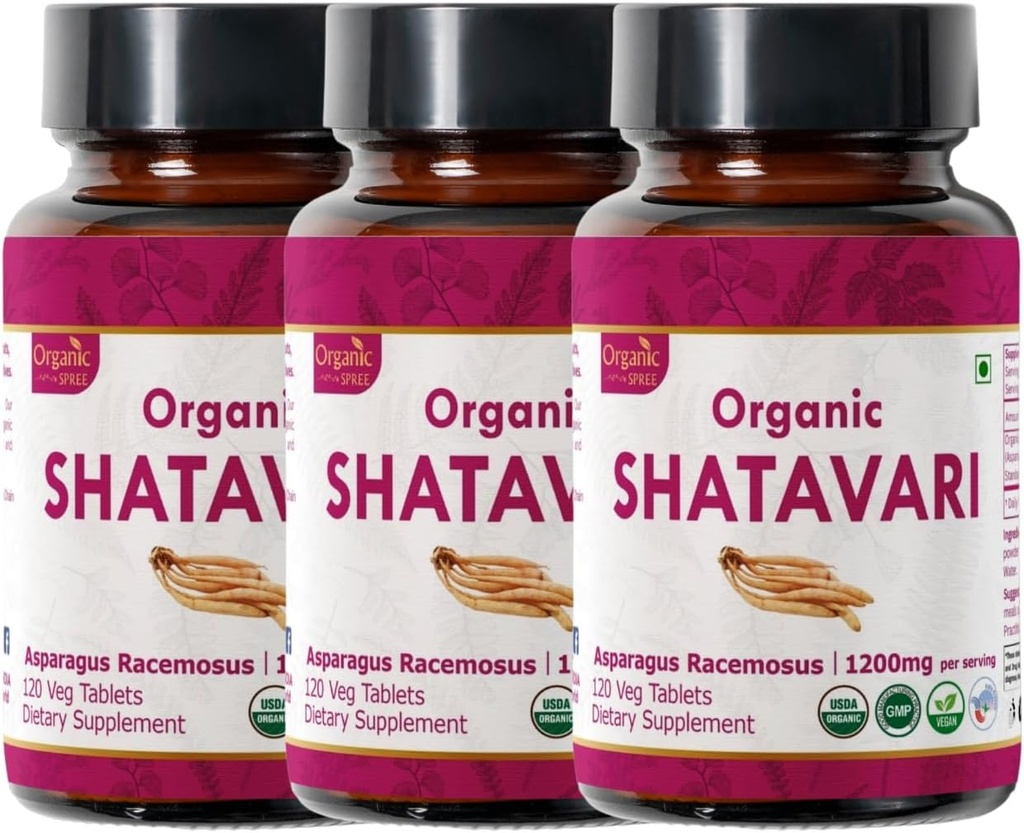 Shatavari 120 tabletter | Asparagus Racemosus (Shatavari) | USDA Økologisk sertifisert | Støtter kvinners helse og immunsystem | Diett Supplement 120tab - Pakke med 3