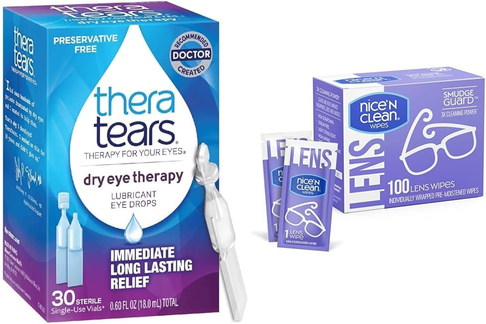 TheraTears Tørr Eye Therapy Lubricant Eye Drops, Preservativ Free, 30 Vialer & Nice 'N Clean SmudgeGuard Lens Rengjøring Tørker, 100 Tørker