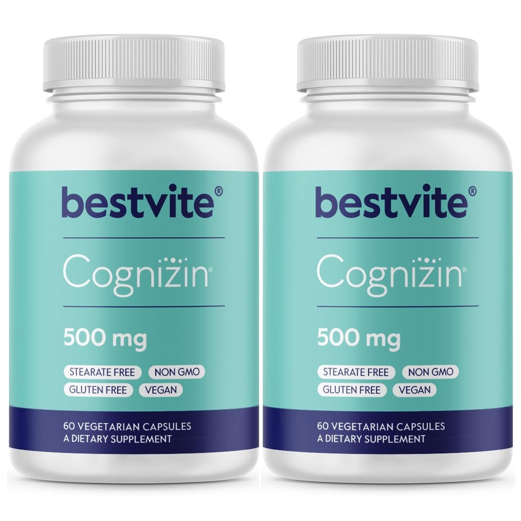 BESTVITE Cognizin Citicoline 500mg (120 vegetariske kapsler) (60x2) - klinisk studerte Premium Choline Nootropic - Ingen stearates - Vegan - Glutenfri - Brain Supplements for hukommelse og fokus