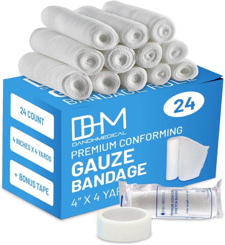 D&H Medisinsk pakke med 24 Gauze Bandage Roll 4 Inches x 4 Yards - Medisinsk Gauze Wrap for sår omsorg - enkel å bruke bomulls Gauze Rolls for hånd Wrap kjole ankler & knees