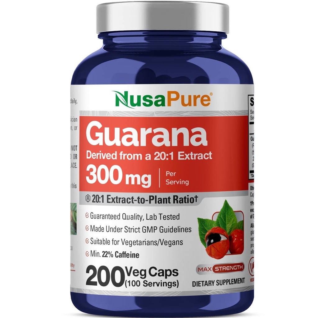 NusaPure Guarana Extract 20:1 Ekstrakt, 300 mg Tilsvarende til 6000 mg per Veggie Caps 200 Count (Non-GMO, Vegan)