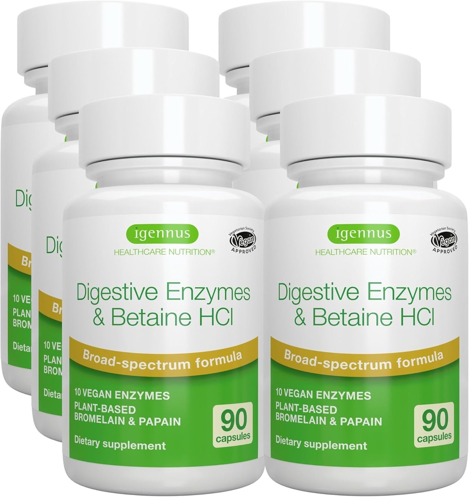 Igenus Fast Action Digestive Enzymer & Betaine HCl, 10 bredspektrum Enzymer med Protease, Lipase & Lactase, Papain & Bromelain, Plantebasert Vegansk, Ren etikett, for kvinner og menn, 6 pakke