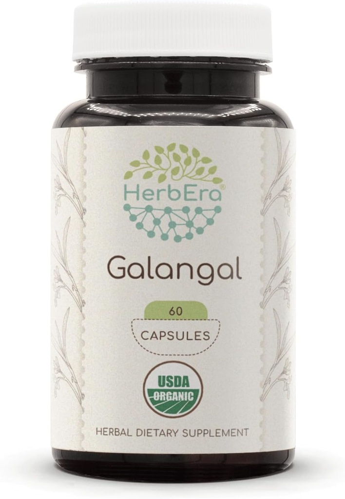 HerbEra Galangal USDA Organic 60 kapsler | Naturlig Herbal Supplement | Certified Organic vegetariske kapsler og organisk galangal (Alpinia Galangal) Tørket rot (60 kapsler)