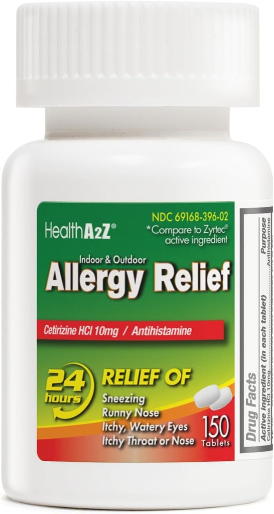 HealthA2Z® Allergy Relief | Cetirizine 10mg | Heldags Allergy Relief | Innendørs og utendørs | Relief fra Itchy Throat, Sneezing, Runny Noses (150 greve av 1))
