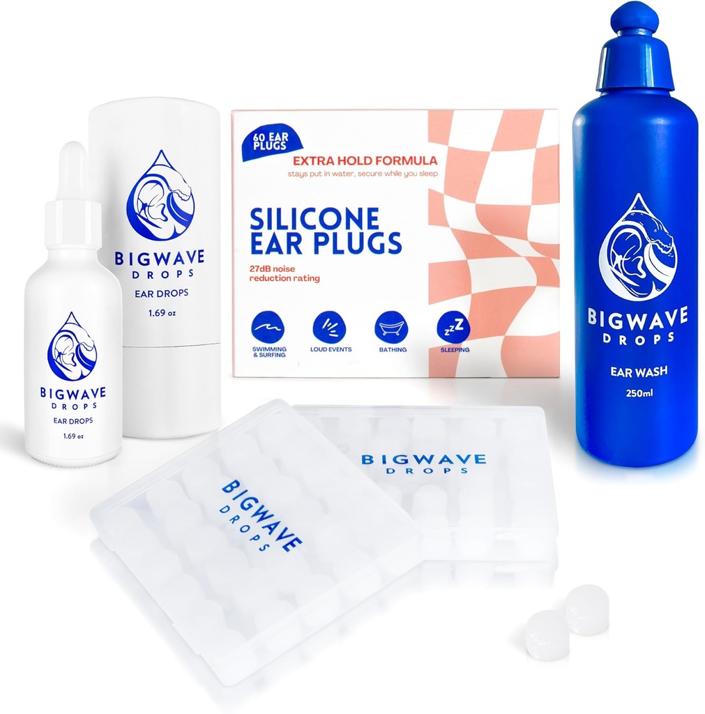 Ear Care Bundle - Inkluderer øredråper, ørevask og silikon ørepropper - for svømmere, åleter, dykkere, reisende - Ørepleieprodukter for menn, kvinner, barn og voksne - Beste badegave