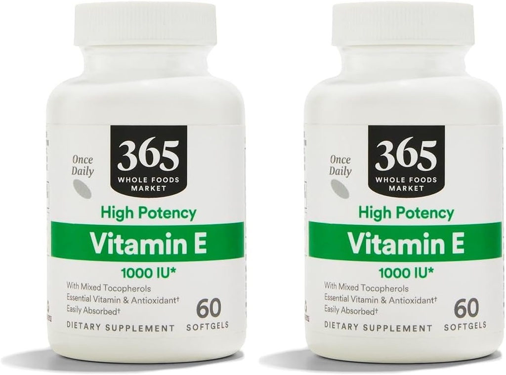 365 av hele matmarked, vitamin E høy styrke 1000 Iu, 60 Softgels (pakke med 2)
