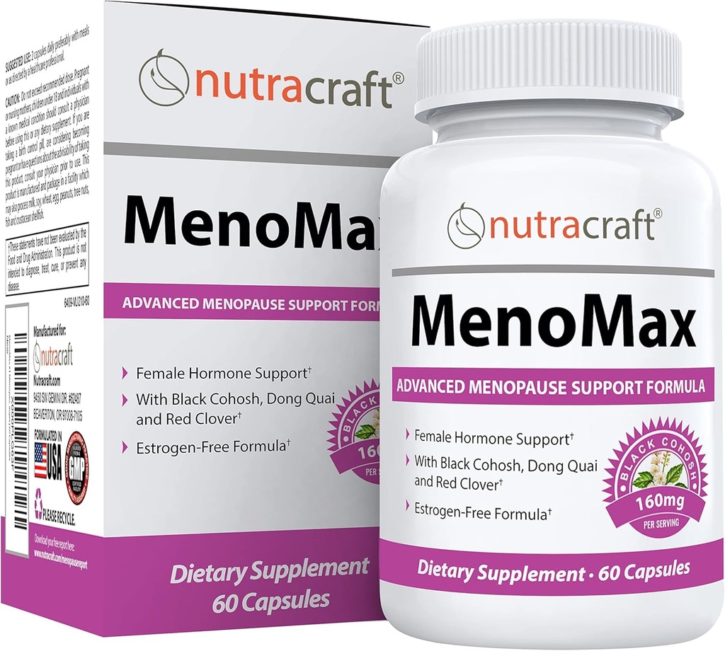 MenoMax #1 Menopause Relief Supplement Svart Cohosh, Dong Quai, Vitex Agnus, Rød Clover, Sage, Soya og Wild Yam | Naturlig støtte for varme blits, nattsvits, tørrhet og Mood Swings | 60 kapsler