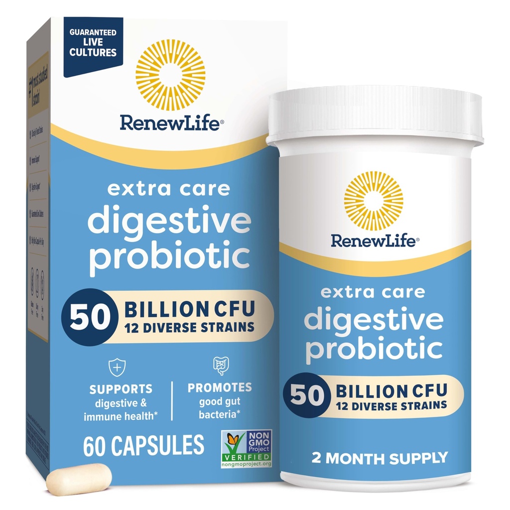 Renovert liv ekstra omsorg Digestive Probiotiske kapsler, 50 milliarder CFU garantert, daglig kosttilskudd støtter immune, digestiv, respirasjonshelse(1) L. Rhamnosus GG, Dairy, Soya og Glutenfri, 60 teller