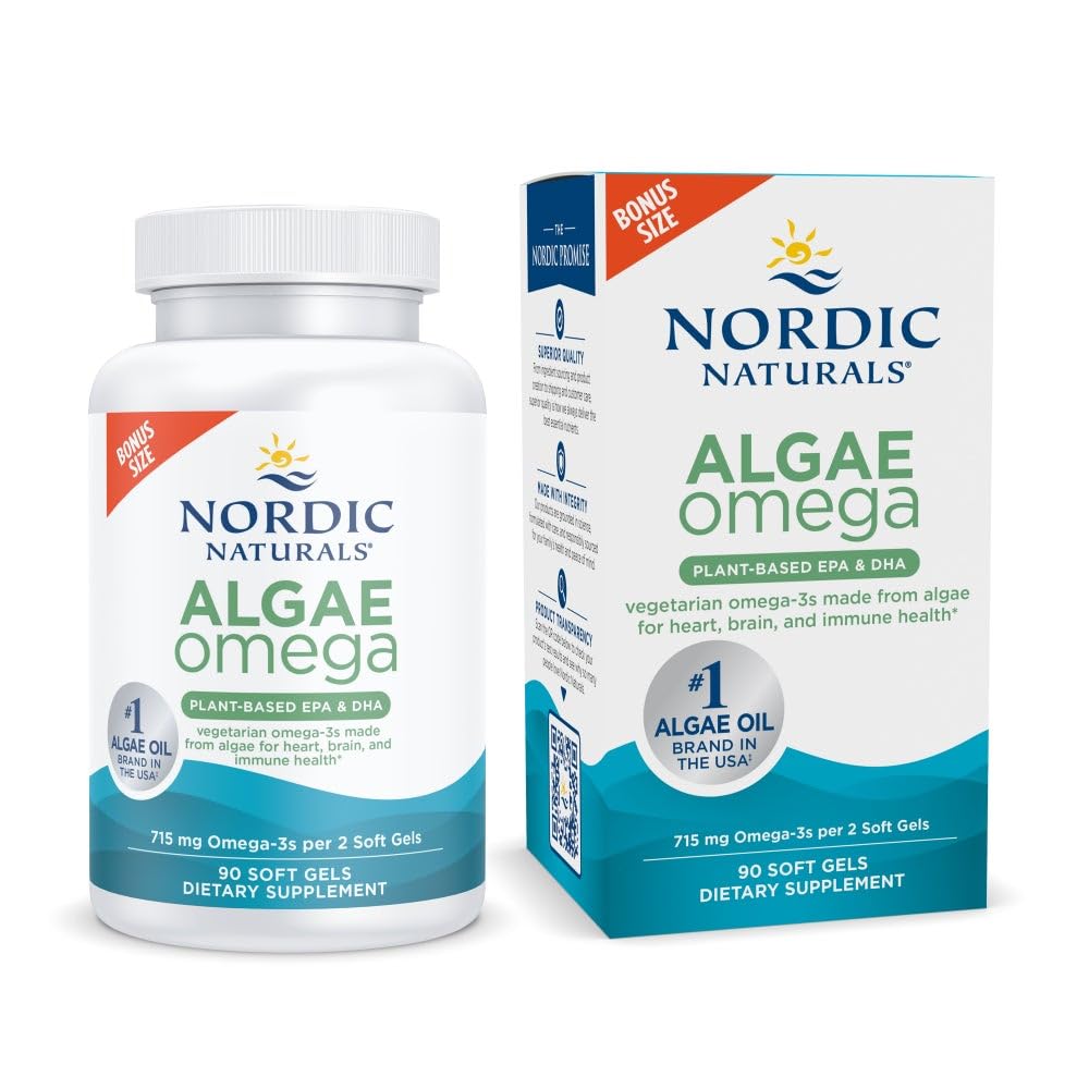 Nordic Naturals Algae Omega - 90 Soft Gels - 715 mg Omega-3 - Certified Vegan Algae Oil - Plantbasert EPA & DHA - hjerte, øye, immun- og hjernehelse - ikke-GMO - 45 Servering
