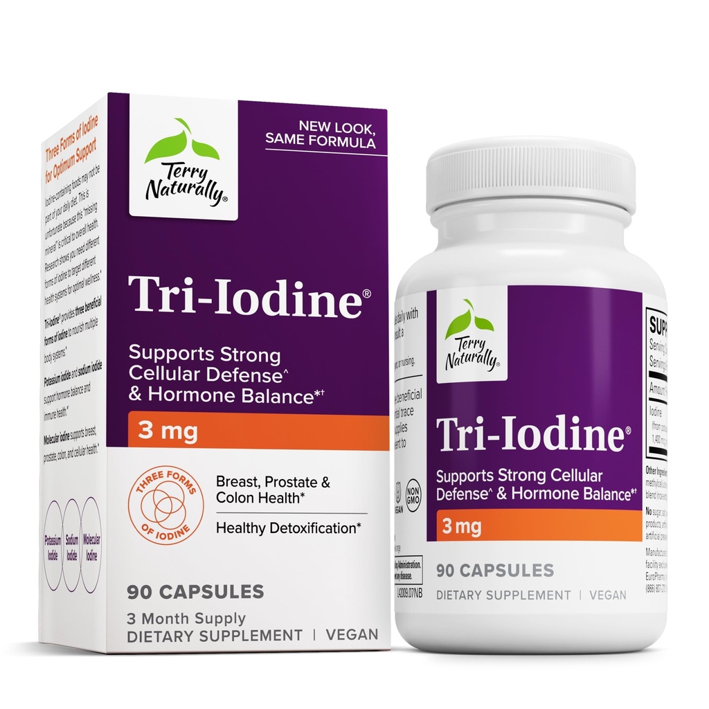 Terry Naturally Tri-Iodine - Kosttilskudd for bryst og prostata helse støtte - Sunn Thyroid funksjon Supplementshjelp - 3 mg, 90 kapsler