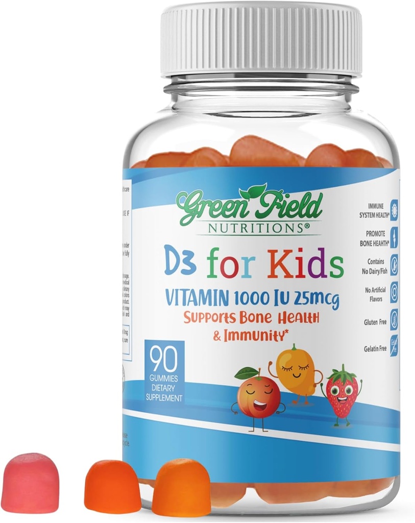 Greenfield ernæring Halal vitamin D3 for barn – 1000 IU – 90 Gummier | Chewable Kids vitamin D Supplement støtter bein og immunsystem | Ikke-GMO, Gelatin-fri, Glutenfri