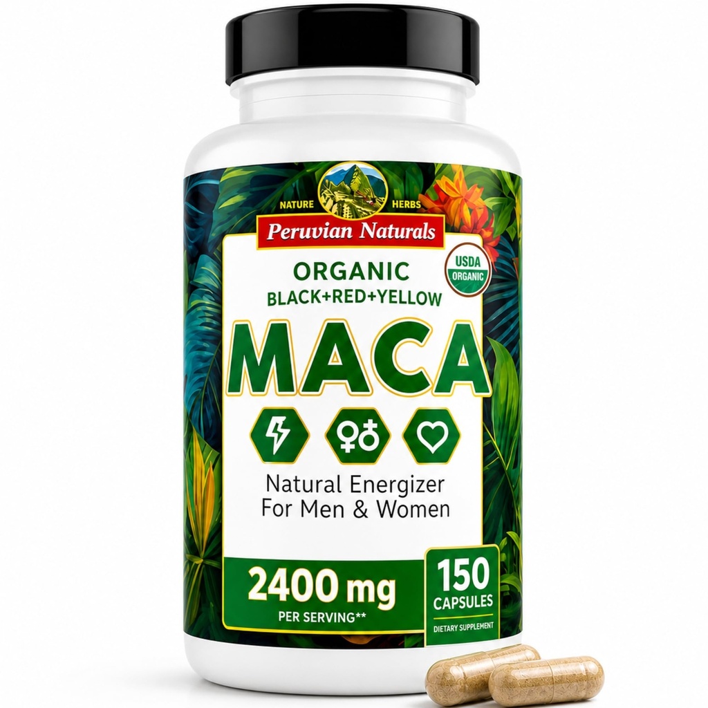 Organic Maca Root Capsules for kvinner og menn 2400mg per servering - 150 piller svart, rød, gul Maca Supplement - Gelatinisert Macarot, Ikke-GMO, Vegansk av Peruvisk Naturals
