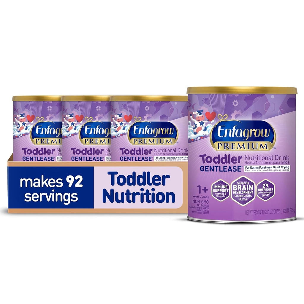 Enfagrow PREMIUM Gentlease Toddler Nutritional Drink, Made with Real Milk, Designed to Ease Fussiness, Gas & Crying, Nutrients for Growth & Immune Support, Powder Can, 29.1 Oz (Pack of 4)