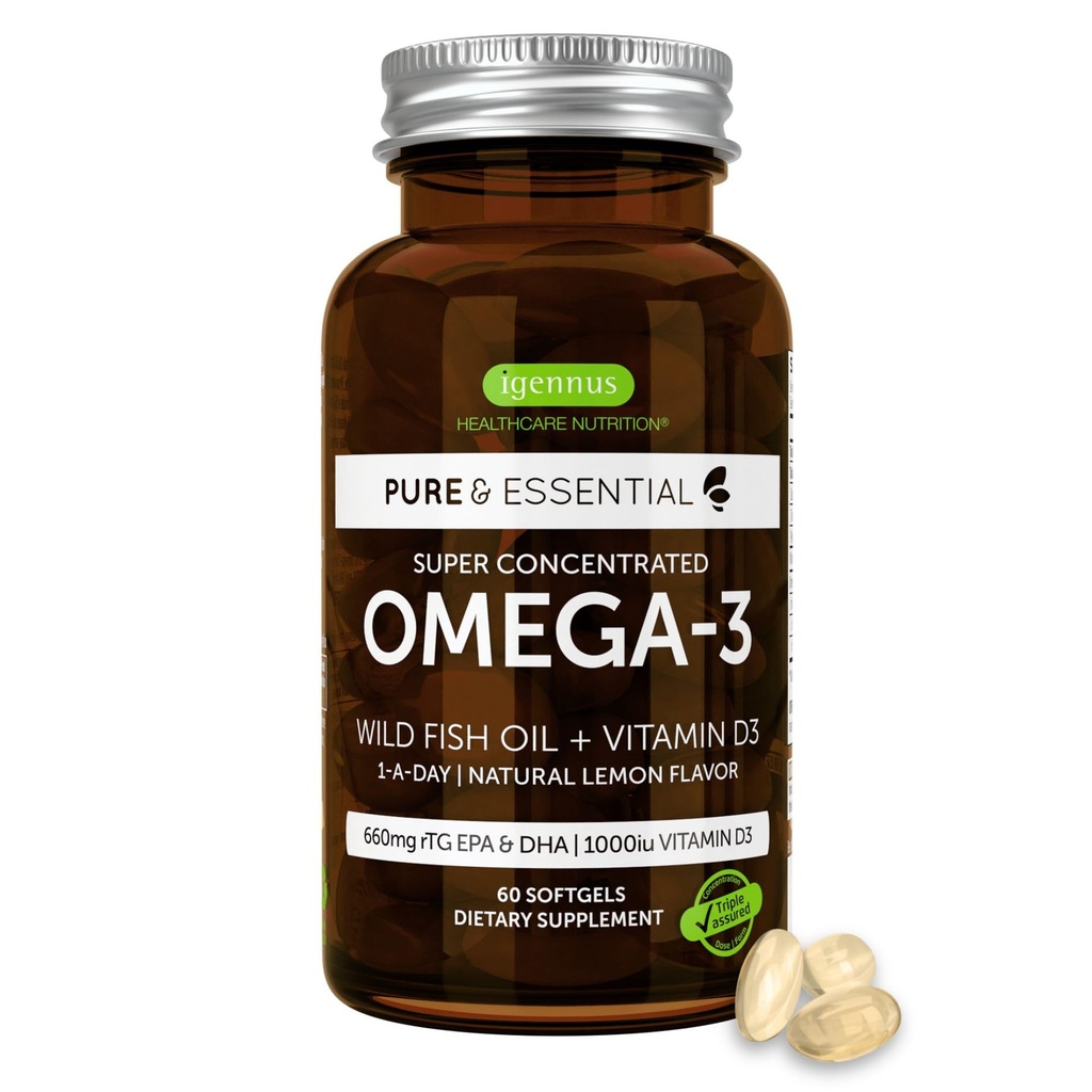 Igenus Advanced rTG Omega-3 IFOS Certified Wild Fish Oil & Vitamin D3, 1-a-dag, Fatty Acids EPA & DHA, Fast-Acting Triglycerid Form, Ultra ren og ikke-GMO, 60 Softgels