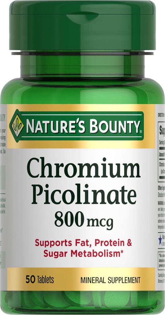 Naturens Bounty Chromium Picolinat, støtter fett, protein og sukkermetabolisme, Mineral Supplement, 800 mcg, 50 tabletter