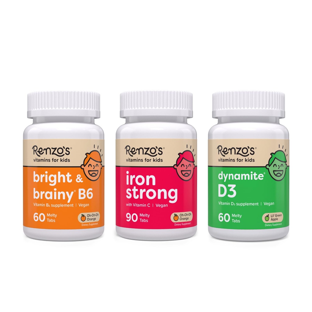 Renzo vitaminer Mighty Kid Bundle - jern kosttilskudd for barn, vitamin D3 for barn, og lyse og brainy vitamin B6